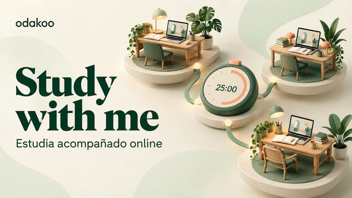 Sala de estudio virtual con compañeros conectados y un temporizador Pomodoro compartido