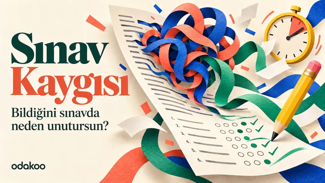 Sınav kâğıdının üzerinde kaygıyı simgeleyen renkli düğümler, yeşil kurdeleler, kalem ve kronometre.